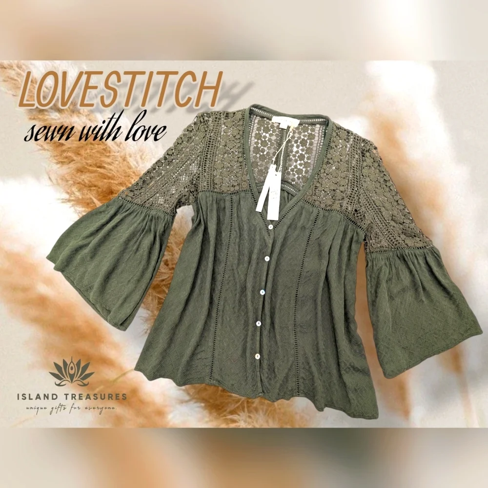 NWT LOVESTITCH Olive Green Sahara Mixed Lace Top Sz Small Rayon Flowy Boho Chic - Picture 1 of 17